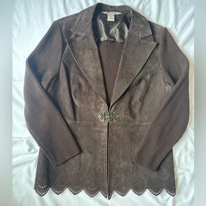 Nygard Collection Petites Faux Suede Knit Jacket Laser Cut Trim Brown L 14 16